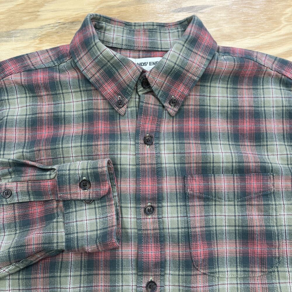 Lands End Mens Plaid Flannel Shirt Traditional Fit Size Medium Green Outdoor - Picture 1 of 12